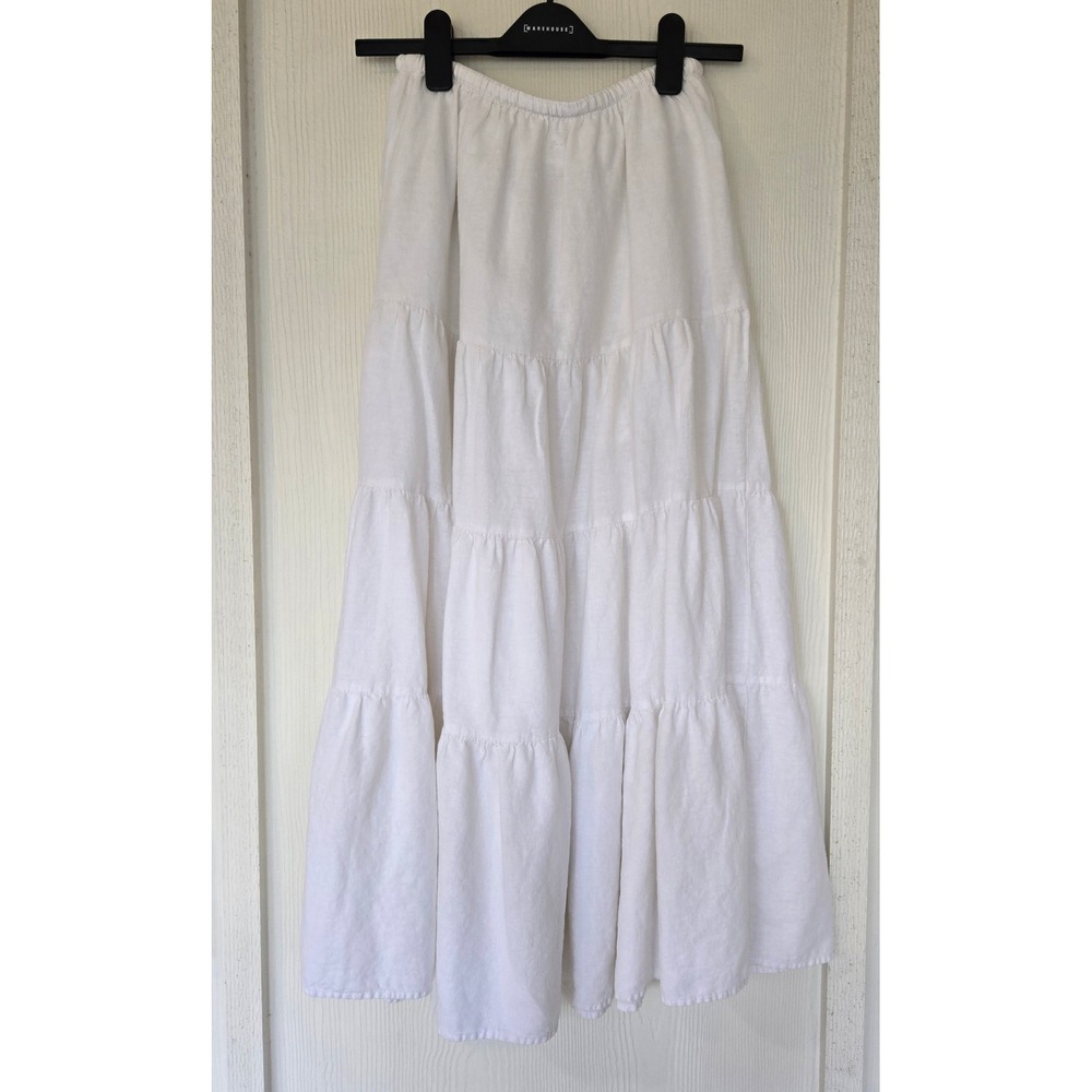White Linen Blend Tiered Maxi Skirt Sz 4 Cottagecore Peasant Fairy Boho Coastal - Picture 2 of 5
